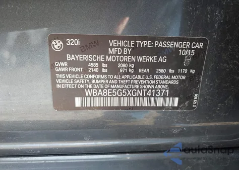 2016 BMW 320I xDrive z USA, uszkodzony, nr VIN WBA8E5G5XGNT41371